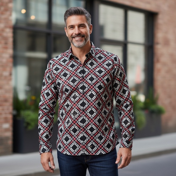 Men's Geometric Black and Red Shirt - Picture 1 of 9
